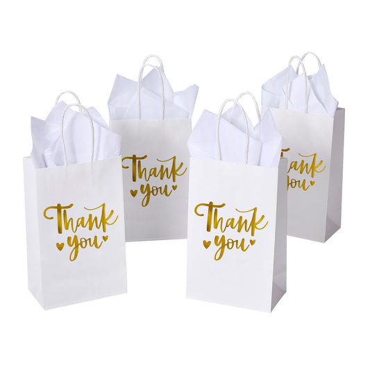 White & Gold Foil Thank You Gift Bags with Tissue Paper – 50 Pack