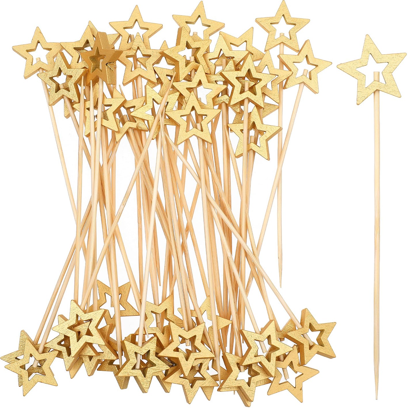 50 Pcs Fancy Decorative Toothpicks for Appetizers 5.4 Inch Gold Star Bamboo Cocktail Picks Star Drink Appetizer Skewers for Drinks Garnish Decorations Party Supplies