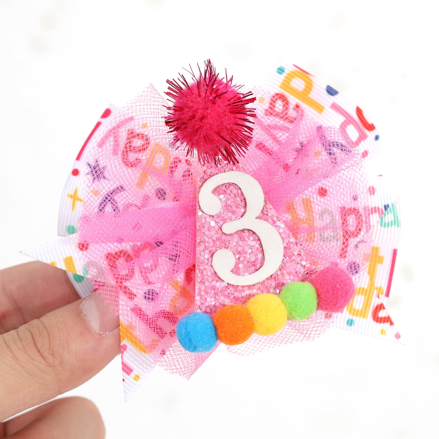 Hot Pink 3rd Birthday Hair Bow - Happy Birthday ribbon Bows Pink Birthday Hat Bows 3rd Birthday Hair Clips for Girls Third Birthday Girls Hair Accessories