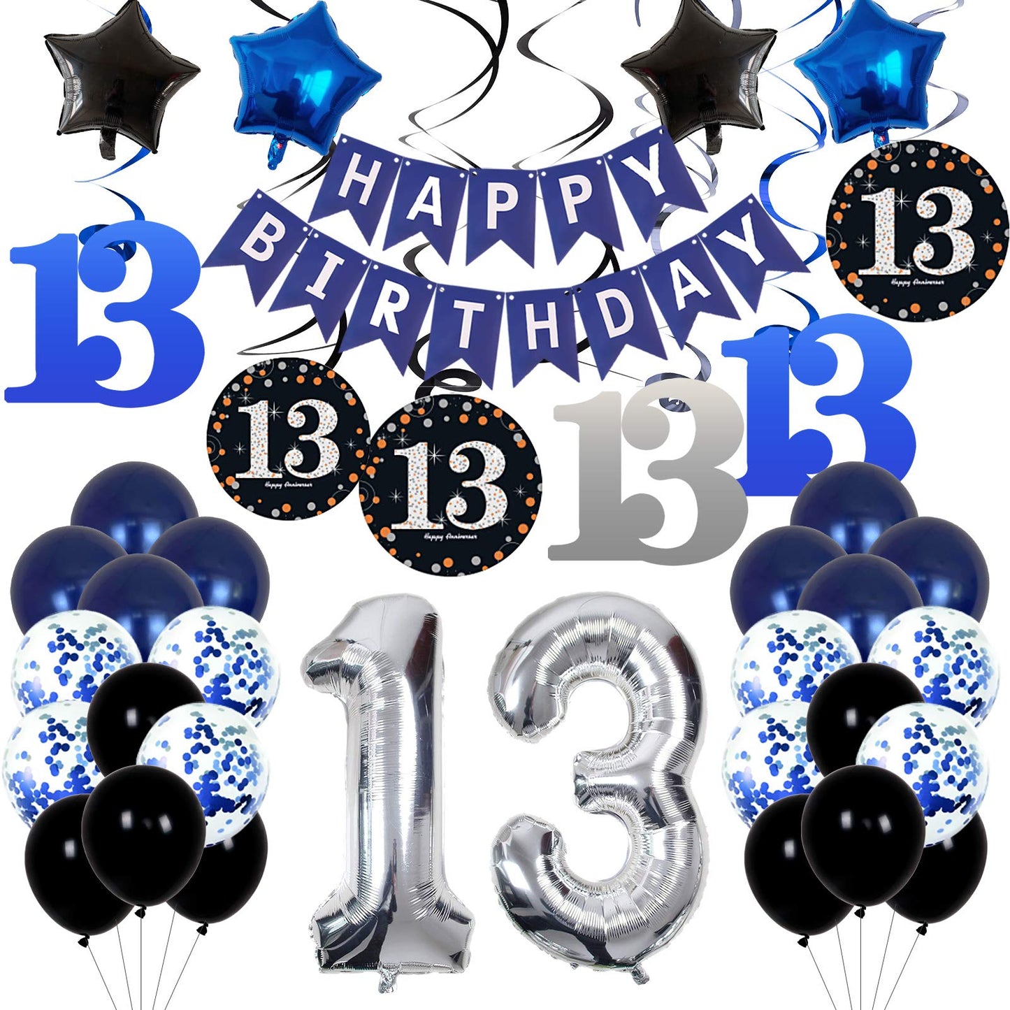 13th Birthday Decorations for Boys Dark Blue HAPPY BIRTHDAY Banner and Silver Number 13 Balloons Deep Blue Theme Party for Girls - 13 Years Old Birthday Party Supplies Kit for Teenager and Kids