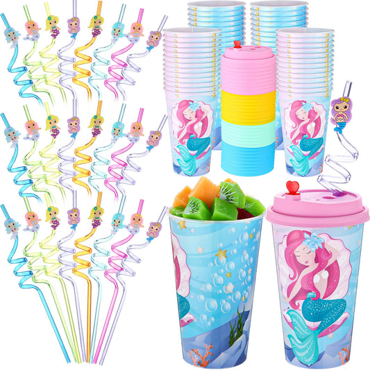 Mermaid Rainbow 16oz Party Cups with Lids & Straws – 24 Set