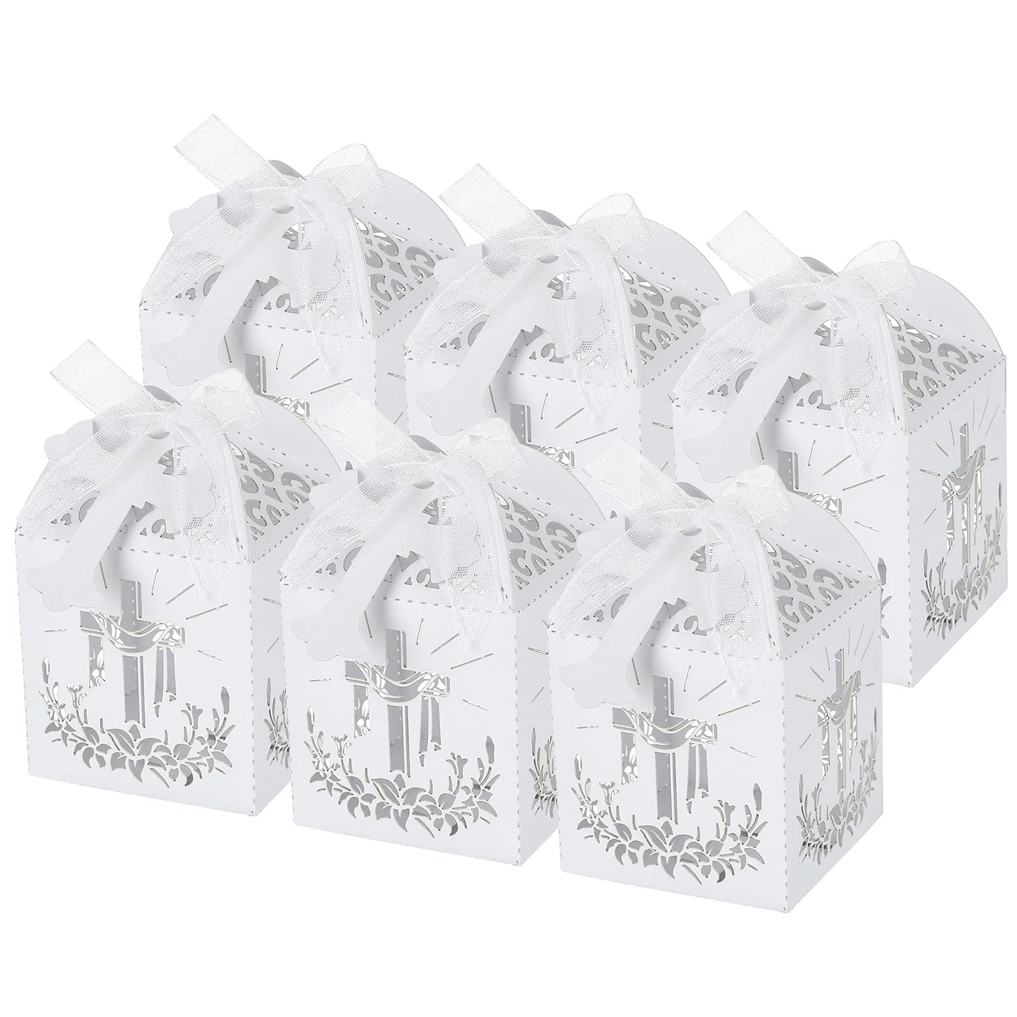 LEMESO Laser Cut Favor Boxes Baptism Favor Boxes 2x2x2Laser Cut Favor Boxes with 25 Ribbons for Baby Shower Favors Baptism Decorations First Birthday Party (White)
