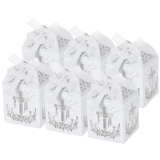 LEMESO Laser Cut Favor Boxes Baptism Favor Boxes 2x2x2Laser Cut Favor Boxes with 25 Ribbons for Baby Shower Favors Baptism Decorations First Birthday Party (White)