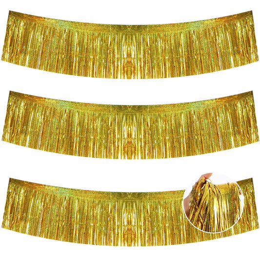 Laser Gold Metallic Foil Fringe Garland Tinsel Streamer – 3 Pack, 30 Feet