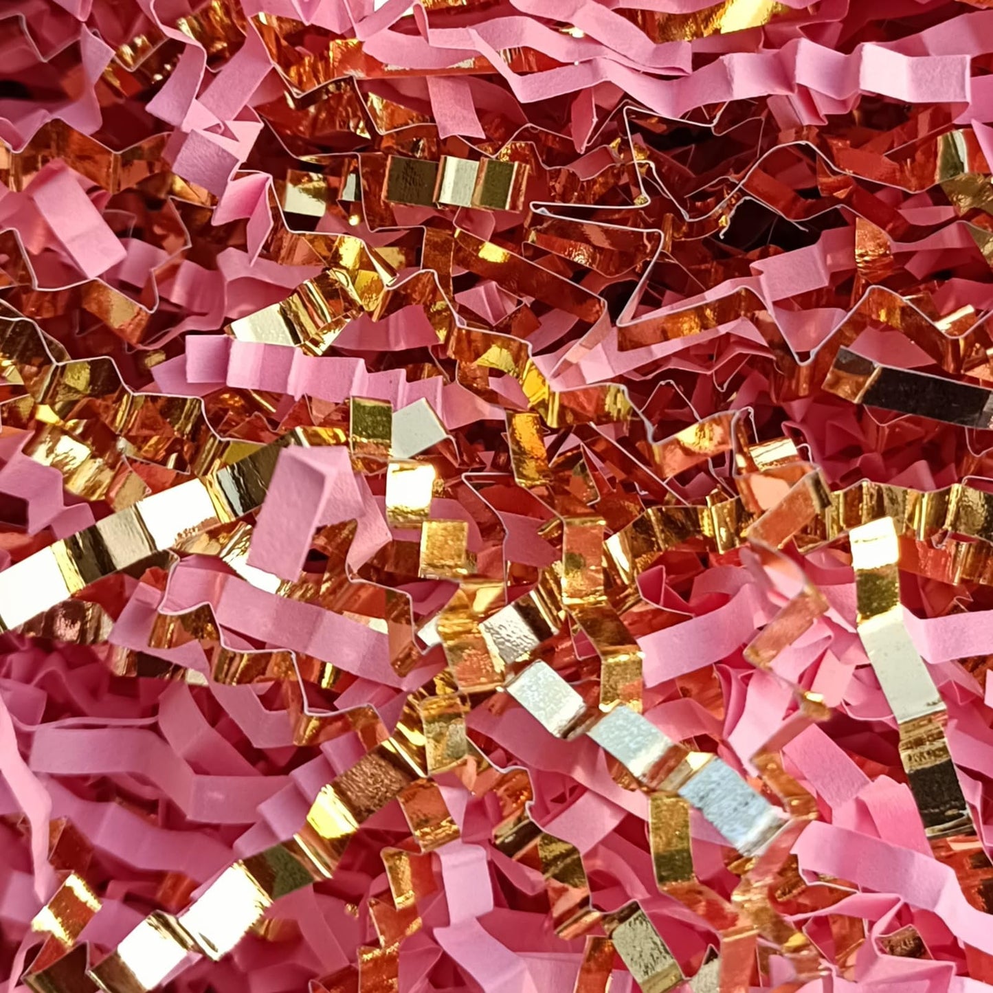 JHESAO 1/2LB Crinkle Cut Paper Shredded Paper for Gift Box Baskets Filler Pink and Gold Crinkle Cut Paper Shred Filler Confetti for Packaging