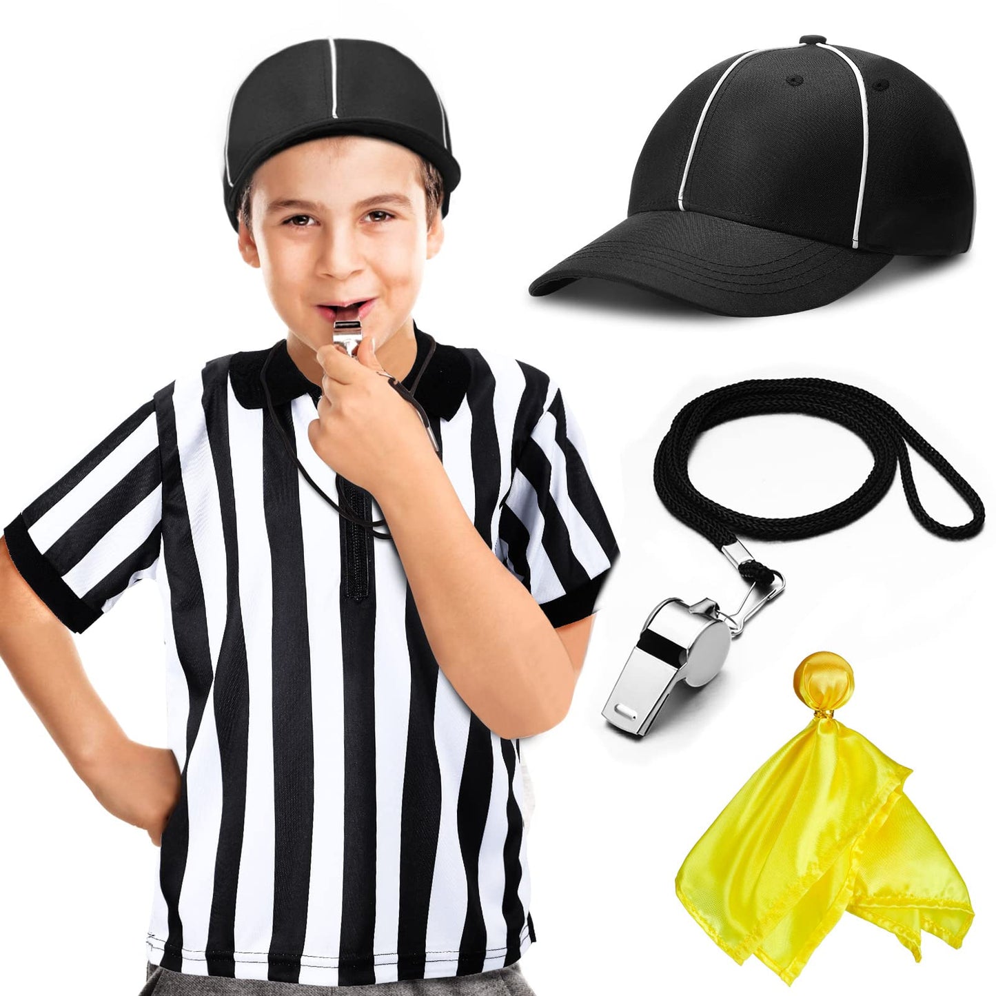 Funtery 4 Pcs Referee Costume Set Kids Referee Hat Stripe Shirt Whistle and Penalty Flag for Football Games Party Accessory(Small)