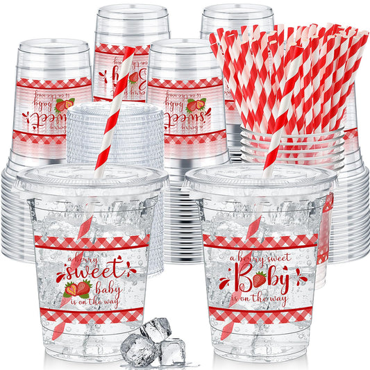 Strawberry Baby Shower Plastic Cups with Lids & Straws – 50 Pack