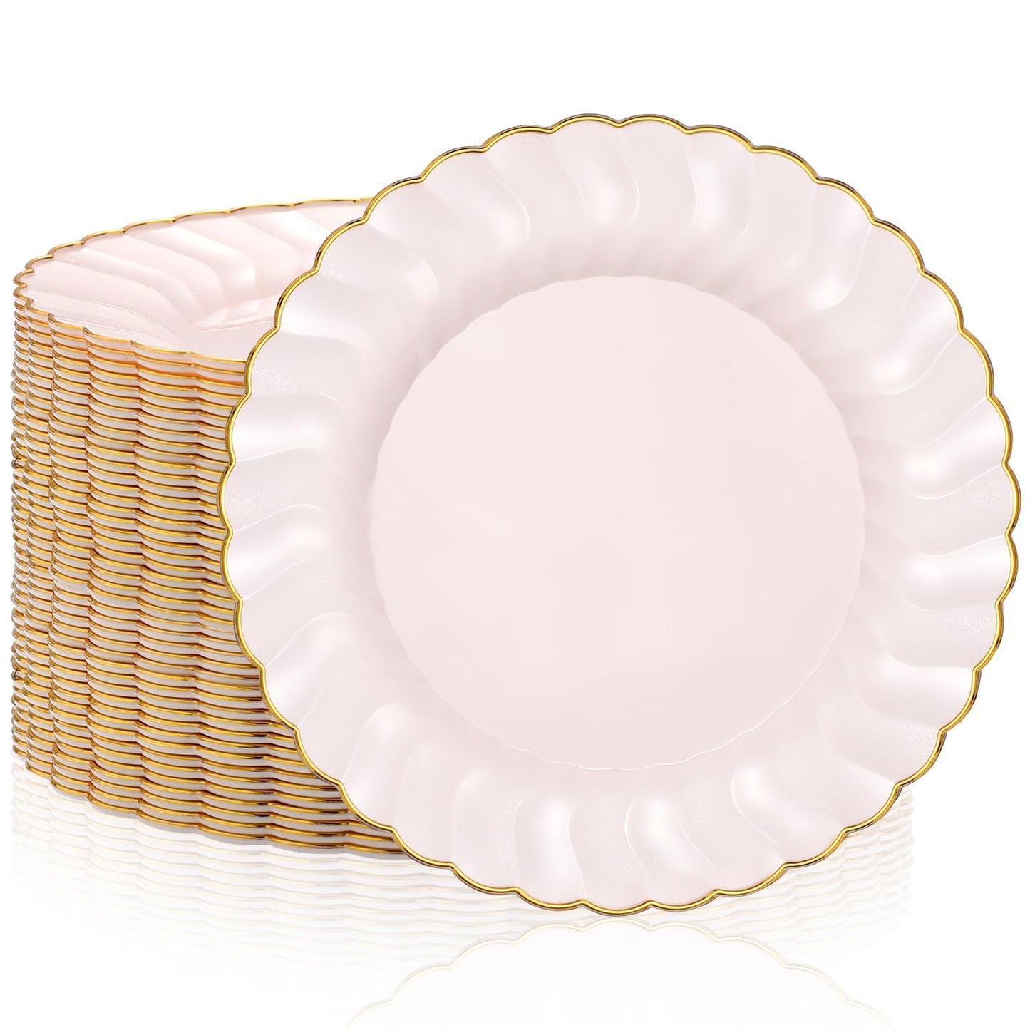 Hushee Plastic Plates with Gold Trim 6 Small Round Party Plates Disposable Vintage Gold Rimmed Dessert Plates for Birthday Buffet Wedding Catering Celebration Reception(Pink 50 Pcs)