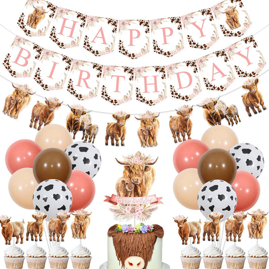 Highland Cow Birthday Decorations Girl Boho Retro Floral Highland Cow Party Supplies - Happy Birthday Banner Highland Cattle Garland Cake Toppers Balloons for Farm Animal Holy Cow Party Decor