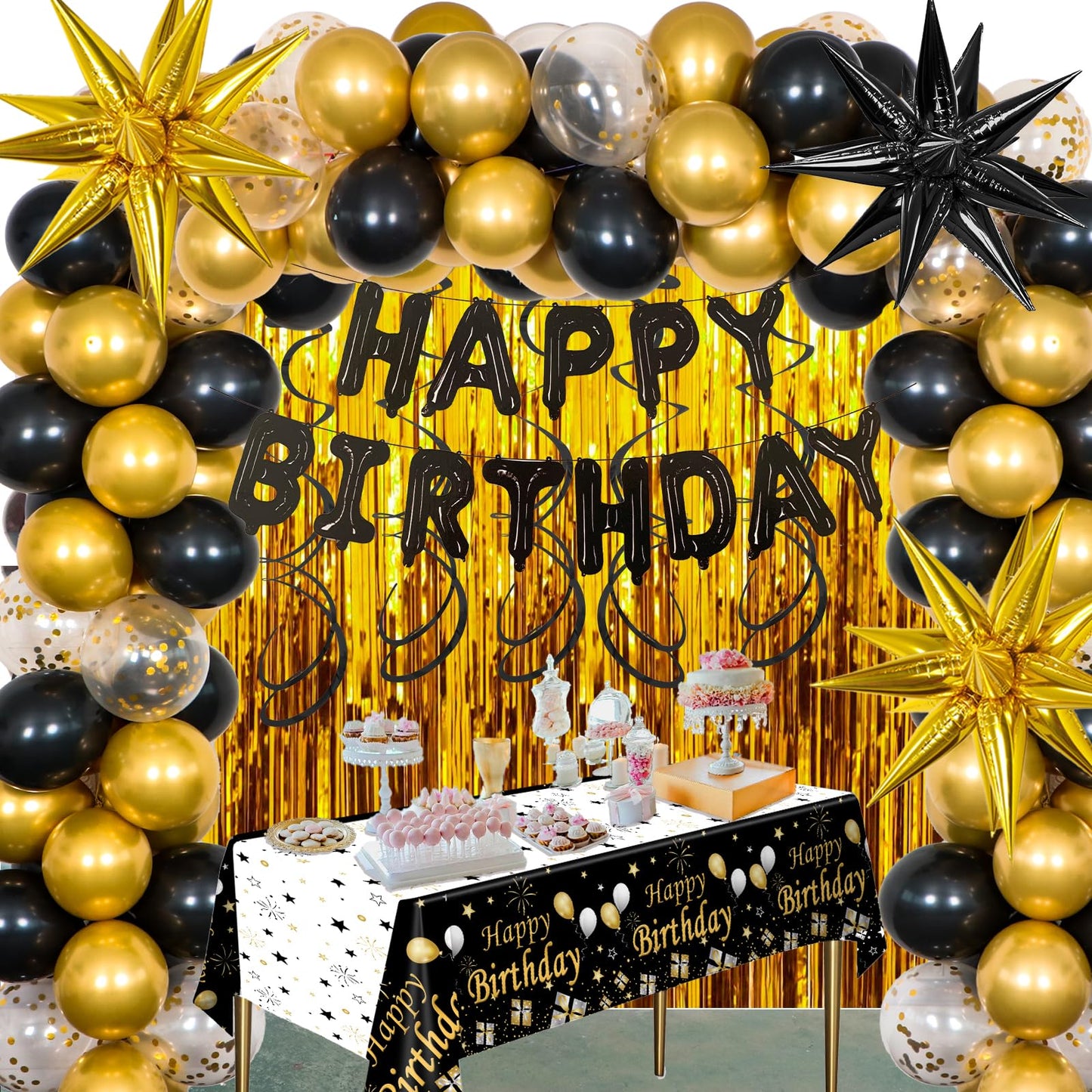 Black and Gold Birthday Decorations for Men Women 87PCS Black and Gold Party Decorations Mens Happy Birthday Decorations Balloons Banner Tablecloth Foil Backdrop Star Foil Balloons for Bday Party