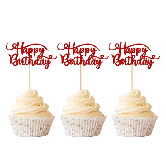 Red Glitter Happy Birthday Cupcake Toppers - 24 ct