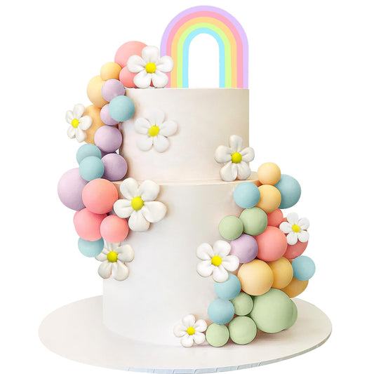 Boho Rainbow Acrylic Daisy Flower Cake Toppers – 46 Piece