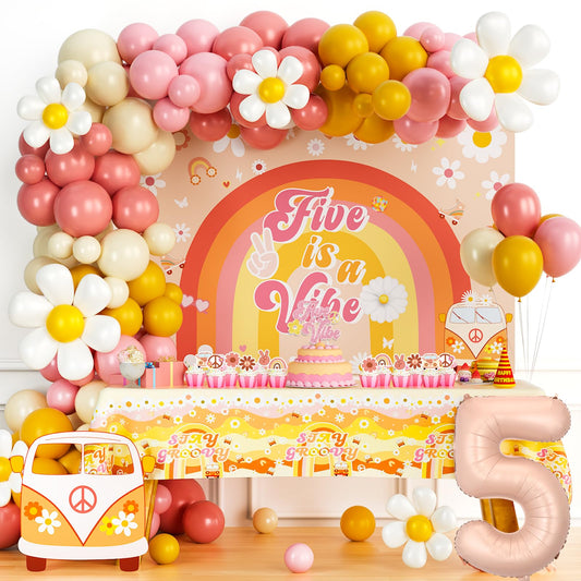 Party Inspo Five Is a Vibe Birthday Party Decorations Girl 5th Birthday Decorations Girl Boho Floral Daisy Hippie Groovy 5th Party Decorations Backdrop Balloon Garland Banner Cake Cupcake Topper