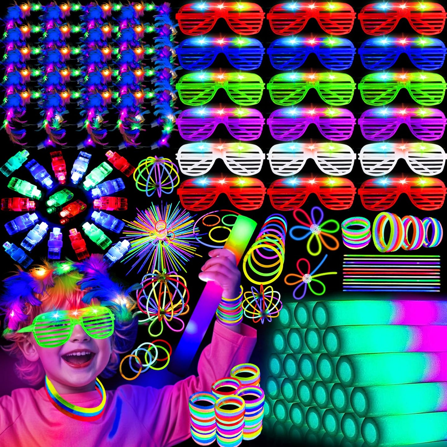 HHJ 174 PCS Glow in the Dark Party Supplies 18Foam Glow Sticks 18Led Glasses100Glow Sticks20Finger Lights and 18Light Up Headband for Glow Party New Year Wedding Concert Birthday Raves