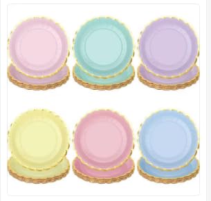 peony man 24 Pcs Pastel Scalloped Paper Plates Disposable Macaron Party Plates 9 Inch Gold Edge Colorful Dinner Plates Pastel Rainbow Dessert Plates for Wedding Birthday Baby Shower Party Supplies