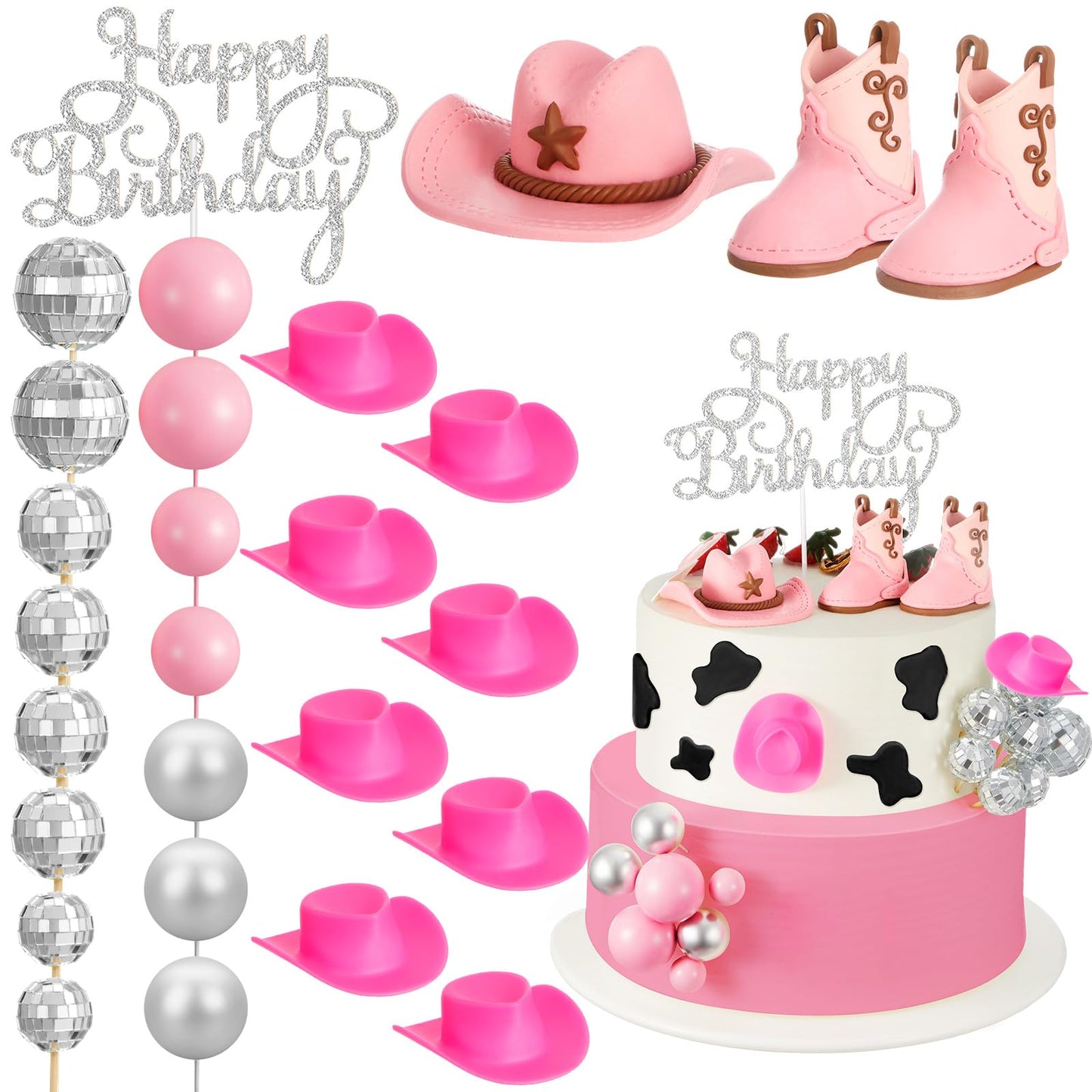 Pink Cowgirl Disco Cake & Cupcake Decoration Set – 26 Piece
