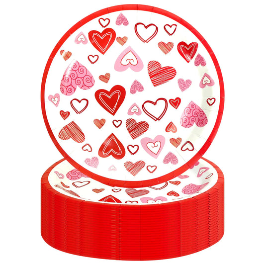 48-Pack Red Heart Valentine’s Day Paper Plates (9”)