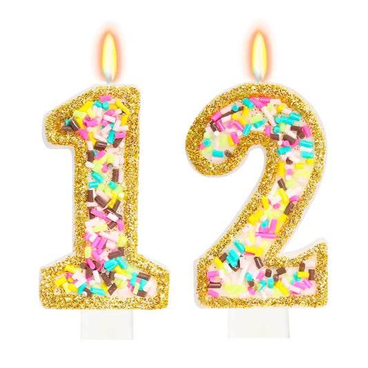 Rainbow Sprinkle Number 12 Birthday Candle – Gold Trim Cake Topper
