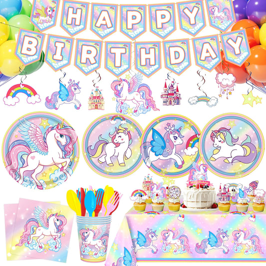 Unicorn Rainbow Disposable Party Supplies Set - 24 Guests