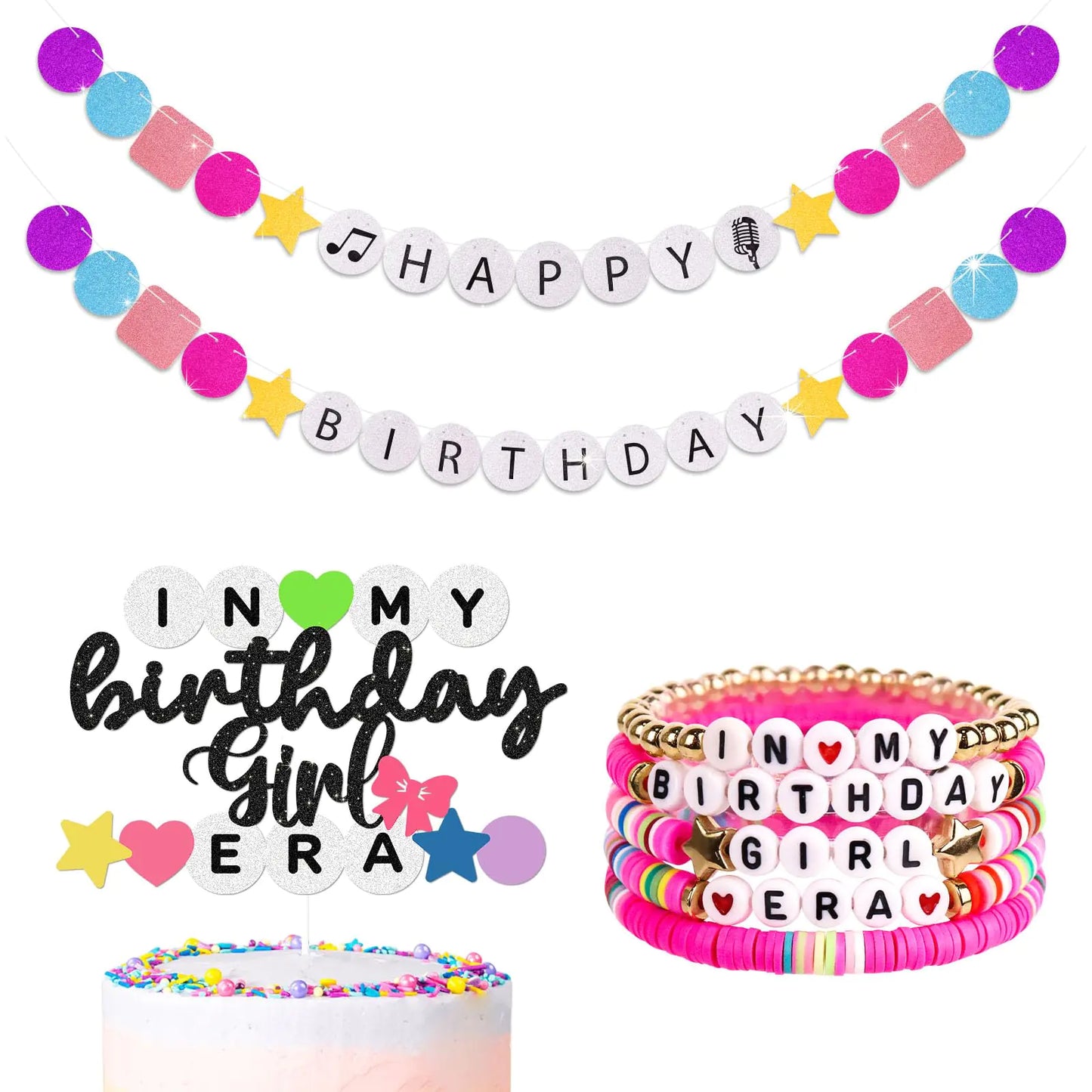 Birthday Girl Bracelet Banner & Cake Topper Set