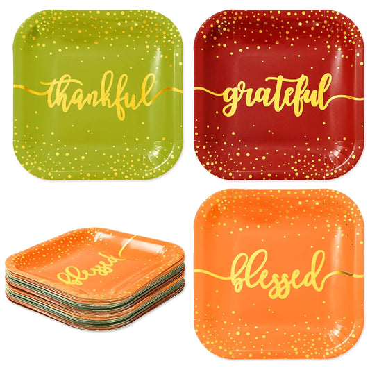 30-Pack Fall Gold Foil Square Paper Plates (9”)