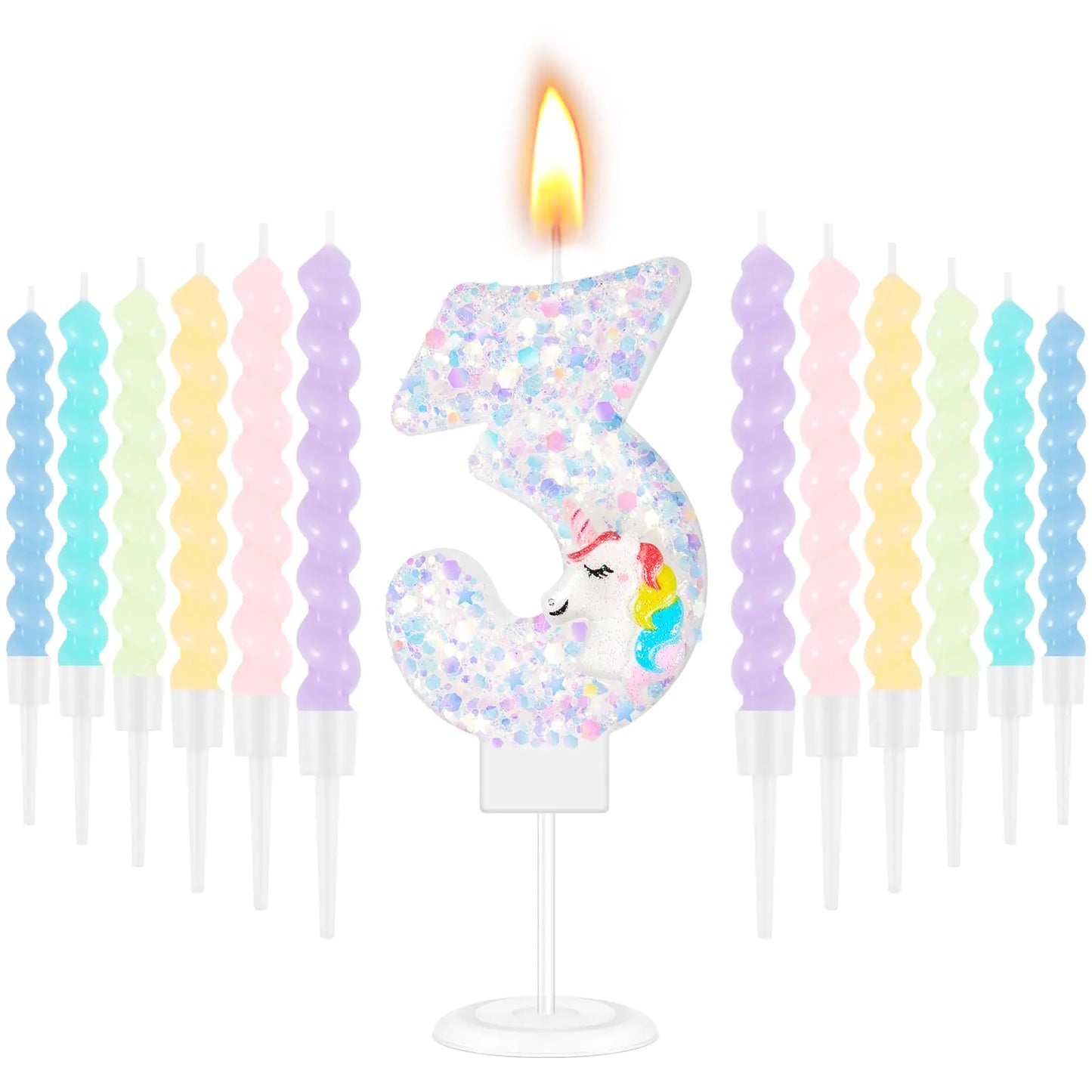 Unicorn Number 3 Birthday Candle Set with Rainbow Spirals - 13 ct