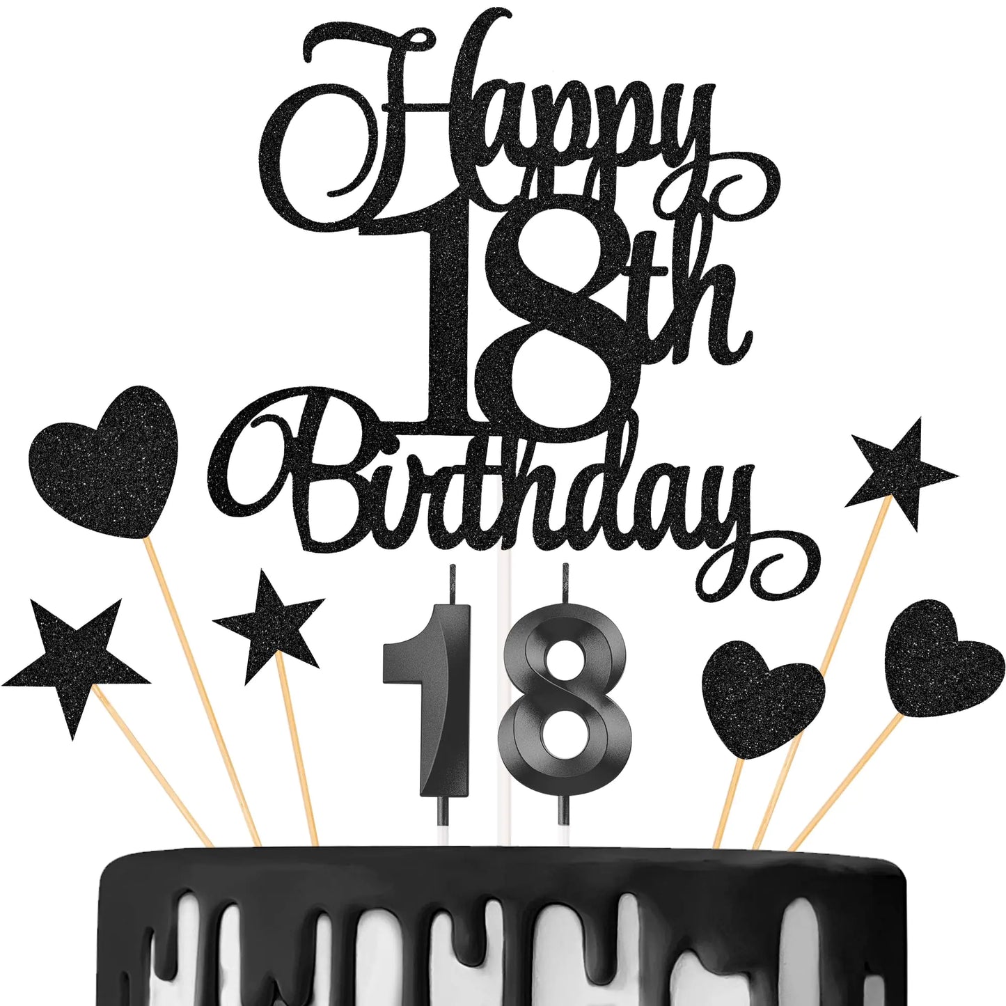 Black Glitter 18th Birthday Cake Topper & Candle Set