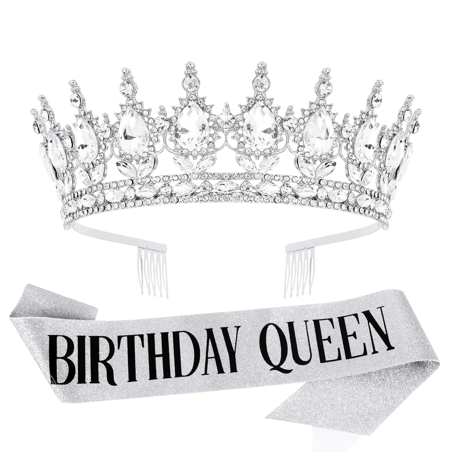 Silver Birthday Queen Crown & Sash Set