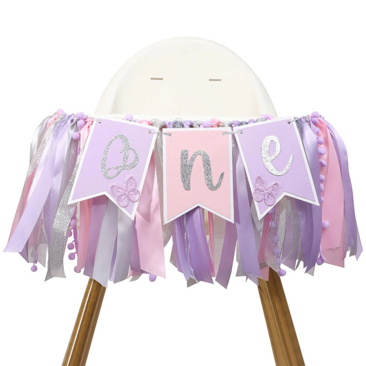Pink & Purple Butterfly 1st Birthday High Chair Banner