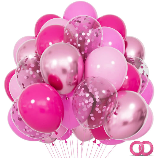 68-Piece Pink Balloon Kit – Hot Pink, Baby Pink, Metallic & Confetti 12" Balloons with Ribbon