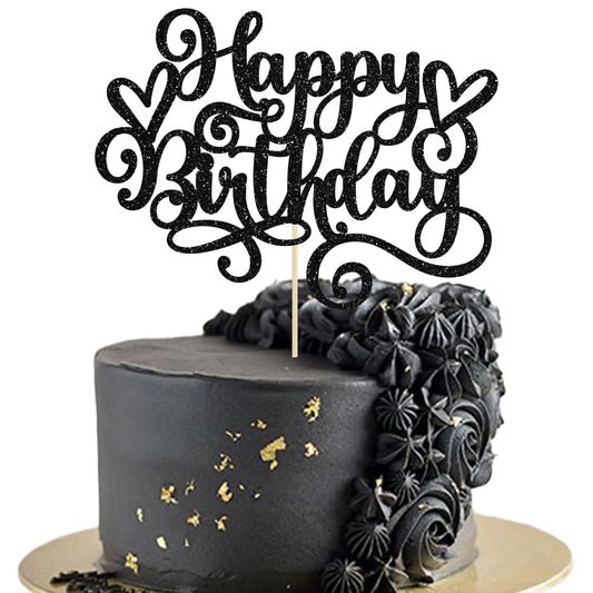 Black Glitter Happy Birthday Cake Topper